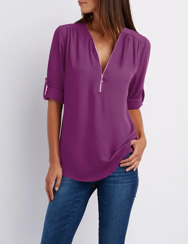 Rowena - Chique V-Hals Blouse met Korte Mouwen