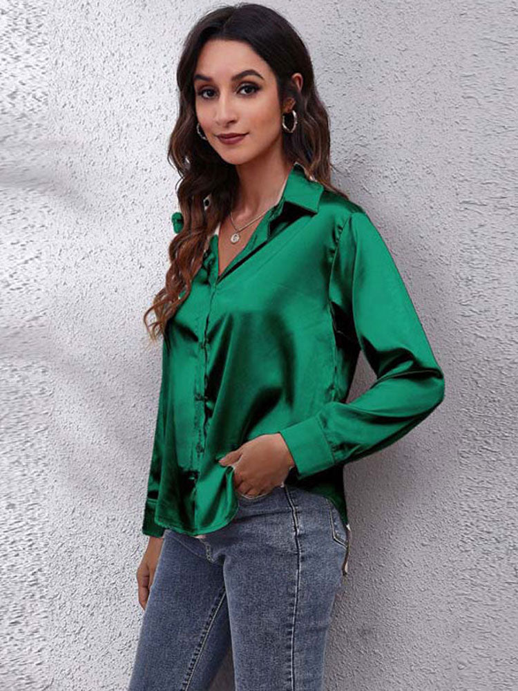 Emlle - Satijnen Blouse voor Vrouwen - Losse Pasvorm - Knoopsluiting - Zijden Lange Mouwen