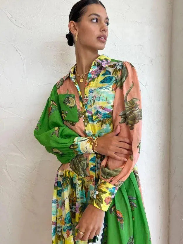 Nora - Lange Vintage Designer Jurk met Knoopjes en Kraag