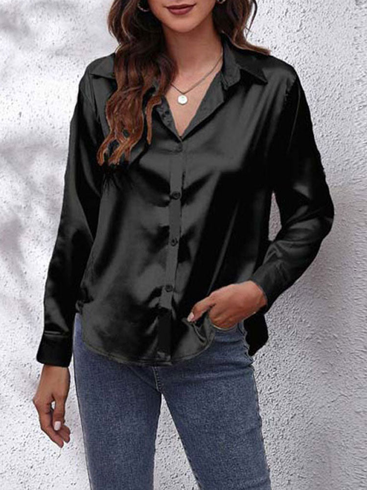 Emlle - Satijnen Blouse voor Vrouwen - Losse Pasvorm - Knoopsluiting - Zijden Lange Mouwen
