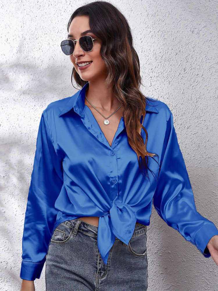 Emlle - Satijnen Blouse voor Vrouwen - Losse Pasvorm - Knoopsluiting - Zijden Lange Mouwen