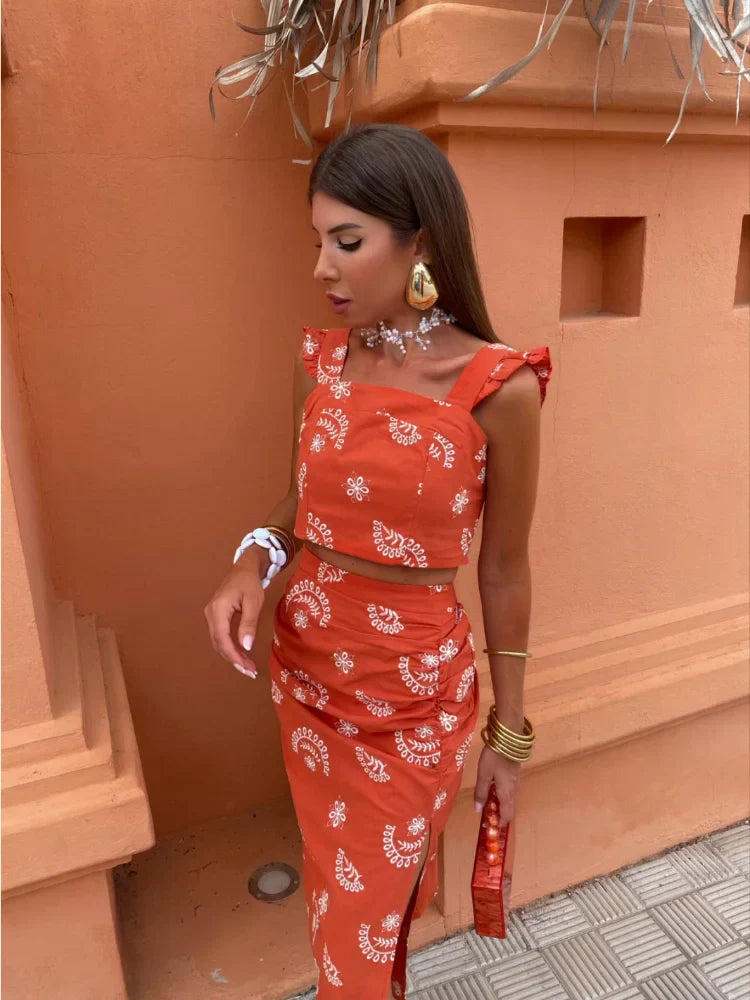Panka - Tweedelig boho set met crop top en midi rok