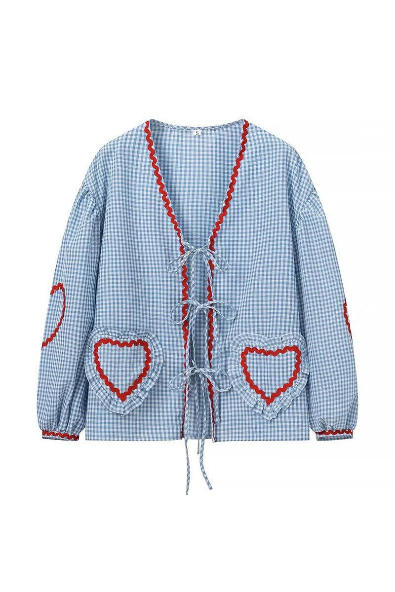 Nanja - Geruite Blouse met Striksluiting en Hartdetails