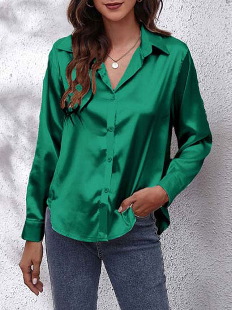 Emlle - Satijnen Blouse voor Vrouwen - Losse Pasvorm - Knoopsluiting - Zijden Lange Mouwen