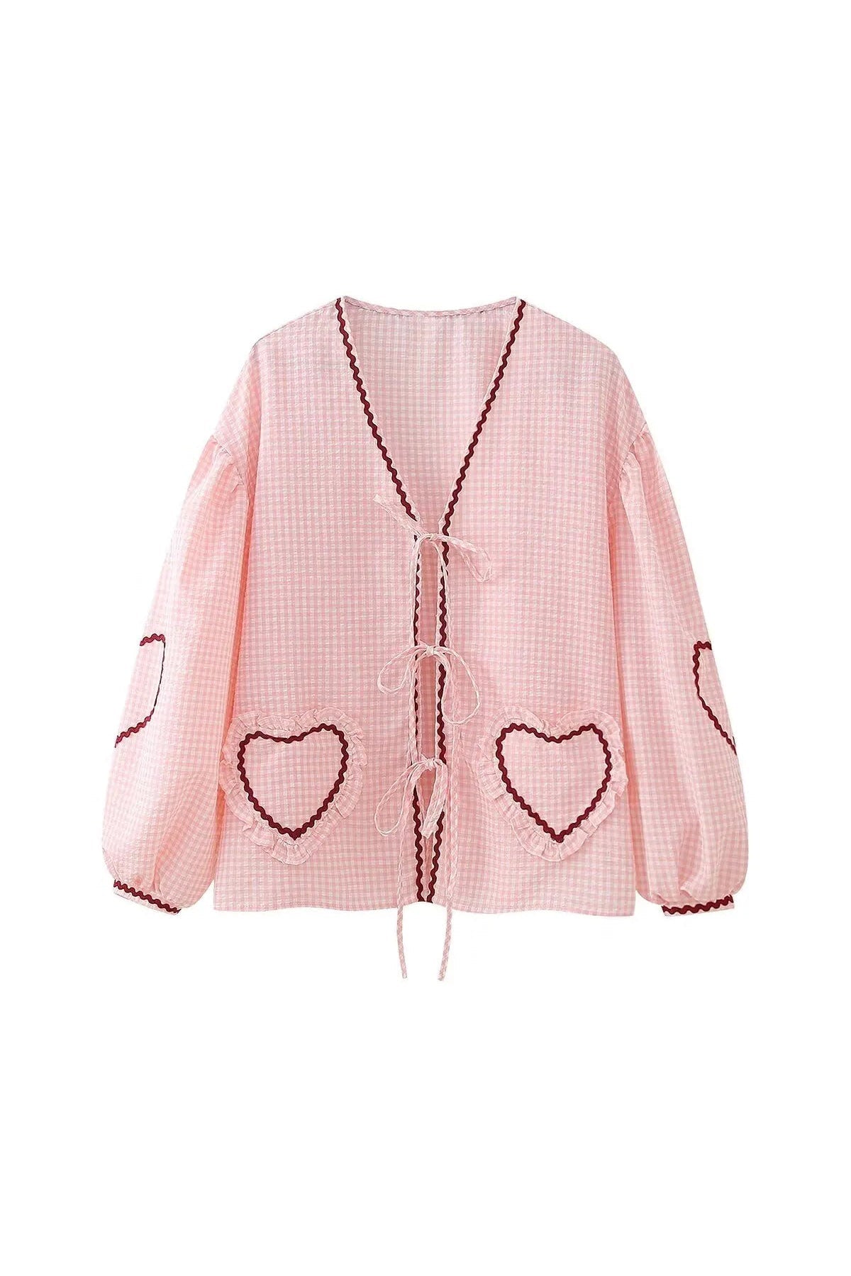 Nanja - Geruite Blouse met Striksluiting en Hartdetails