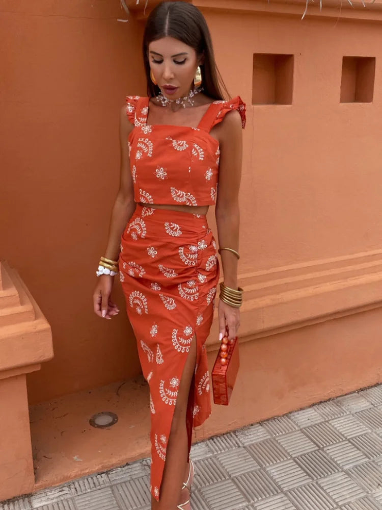 Panka - Tweedelig boho set met crop top en midi rok