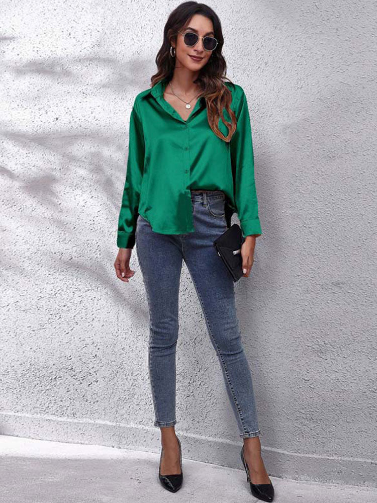 Emlle - Satijnen Blouse voor Vrouwen - Losse Pasvorm - Knoopsluiting - Zijden Lange Mouwen