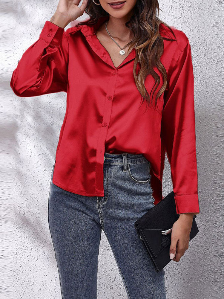 Emlle - Satijnen Blouse voor Vrouwen - Losse Pasvorm - Knoopsluiting - Zijden Lange Mouwen