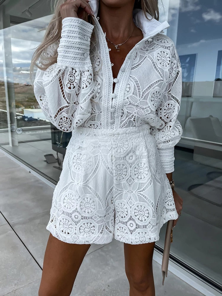 Yara - Witte Kanten Zomer Detail Jumpsuit Trendy en Comfortabel