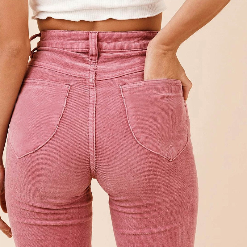 Velvia - Hoog getailleerde roze corduroy uitlopende broek