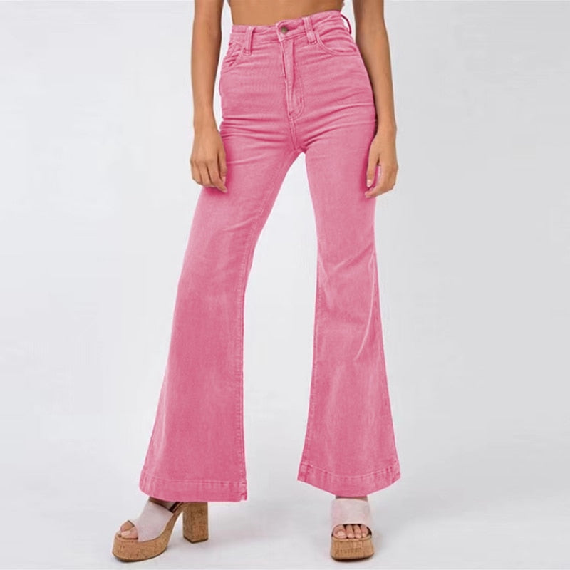 Velvia - Hoog getailleerde roze corduroy uitlopende broek