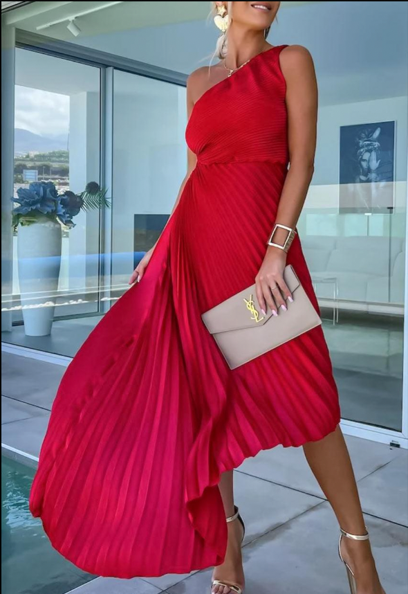 Halisa - One Shoulder Geplooide Zomer Cocktail Jurk
