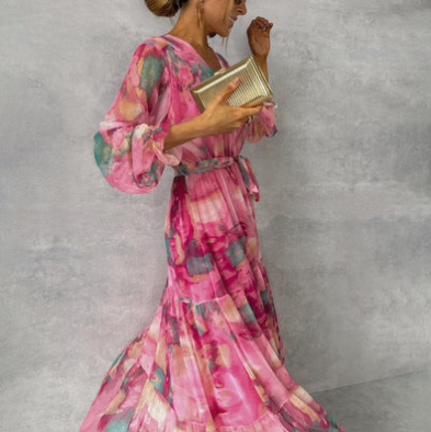 Mila - Waterverf Roze Faux Wrap Maxi Jurk met V-Hals Tailleband en Lange Mouwen
