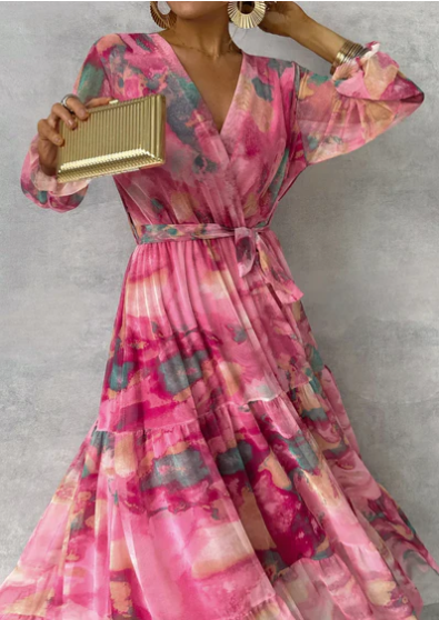 Mila - Waterverf Roze Faux Wrap Maxi Jurk met V-Hals Tailleband en Lange Mouwen