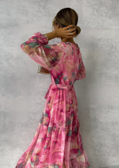 Mila - Waterverf Roze Faux Wrap Maxi Jurk met V-Hals Tailleband en Lange Mouwen