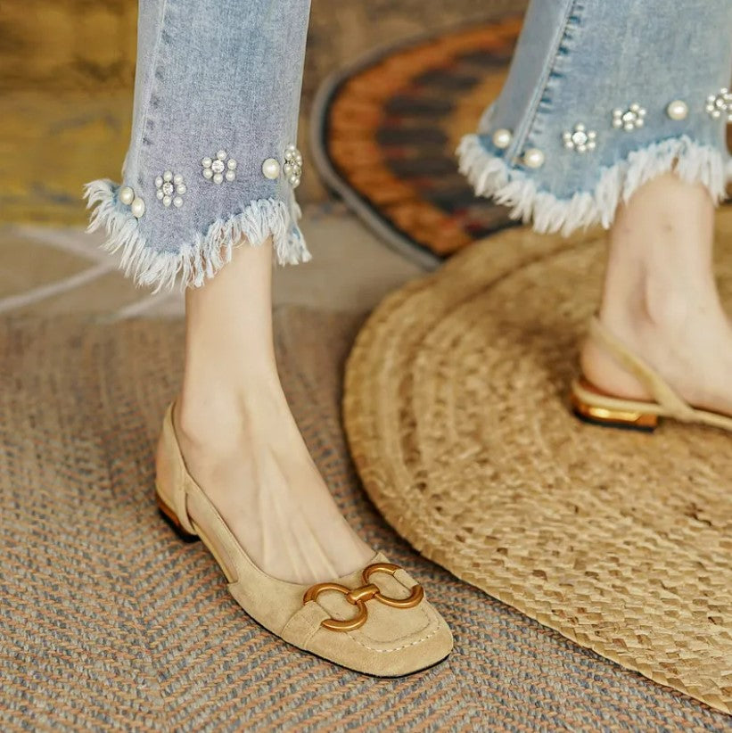 Mia - Suède Slingback Ballerina's met Gouden Ringen