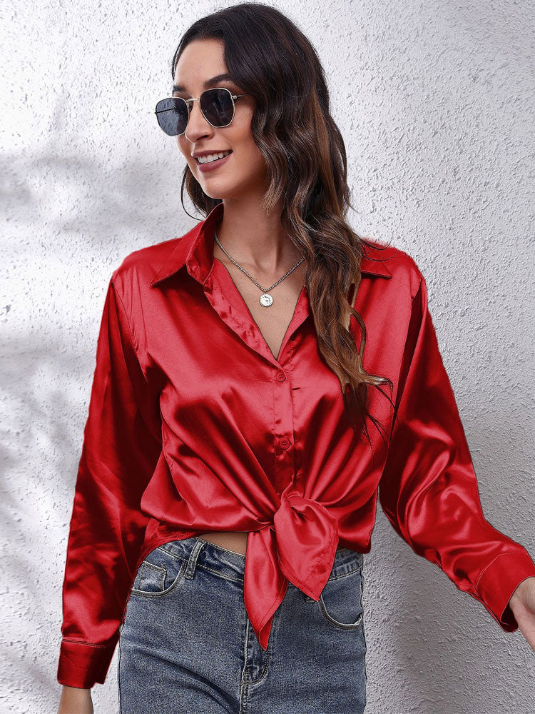 Emlle - Satijnen Blouse voor Vrouwen - Losse Pasvorm - Knoopsluiting - Zijden Lange Mouwen