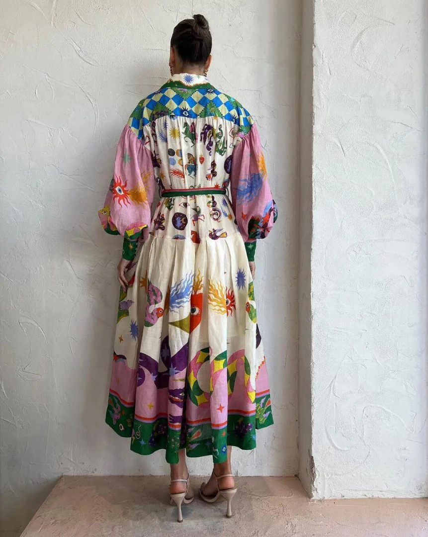 Nora - Lange Vintage Designer Jurk met Knoopjes en Kraag