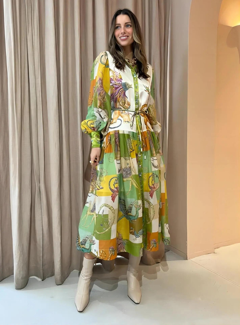 Nora - Lange Vintage Designer Jurk met Knoopjes en Kraag