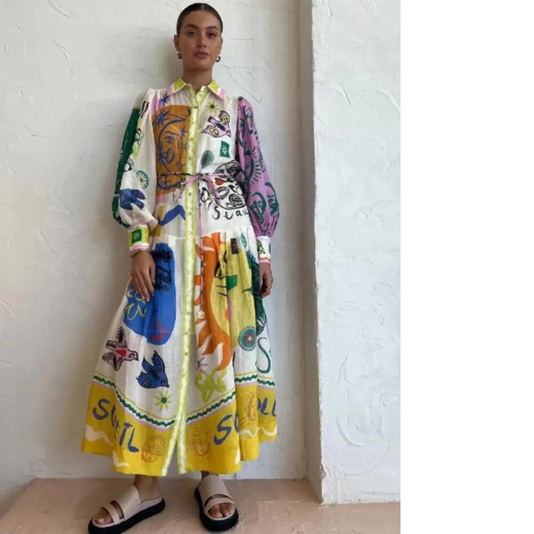 Nora - Lange Vintage Designer Jurk met Knoopjes en Kraag