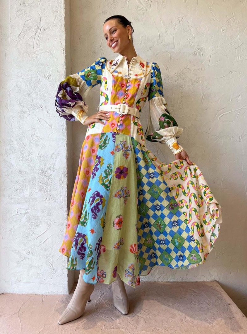 Nora - Lange Vintage Designer Jurk met Knoopjes en Kraag