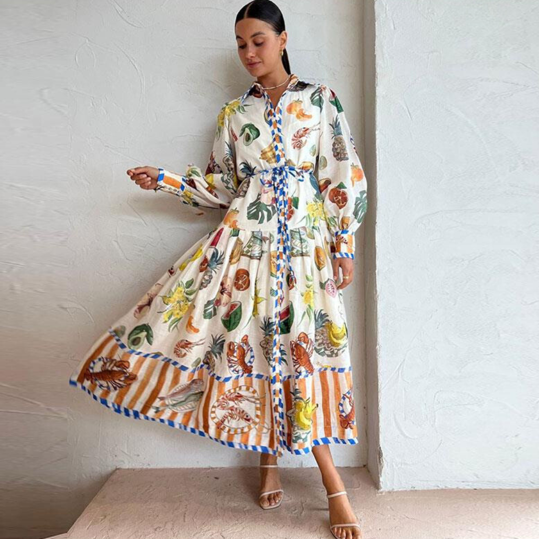 Nora - Lange Vintage Designer Jurk met Knoopjes en Kraag