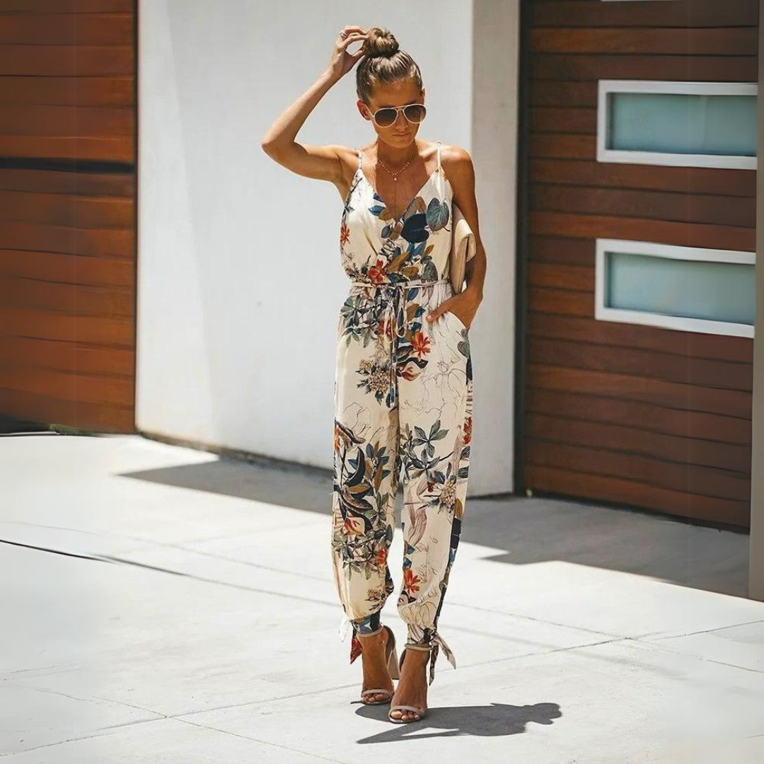 Elka Bloemenprint Losse Maxi Jumpsuit met Tailleband Zijsplits V-Hals en Spaghettibandjes