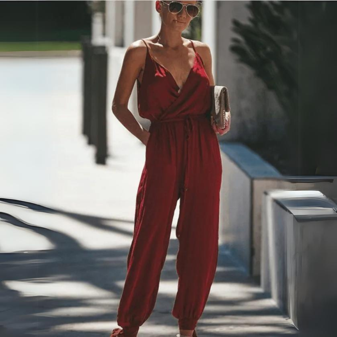 Elka Bloemenprint Losse Maxi Jumpsuit met Tailleband Zijsplits V-Hals en Spaghettibandjes