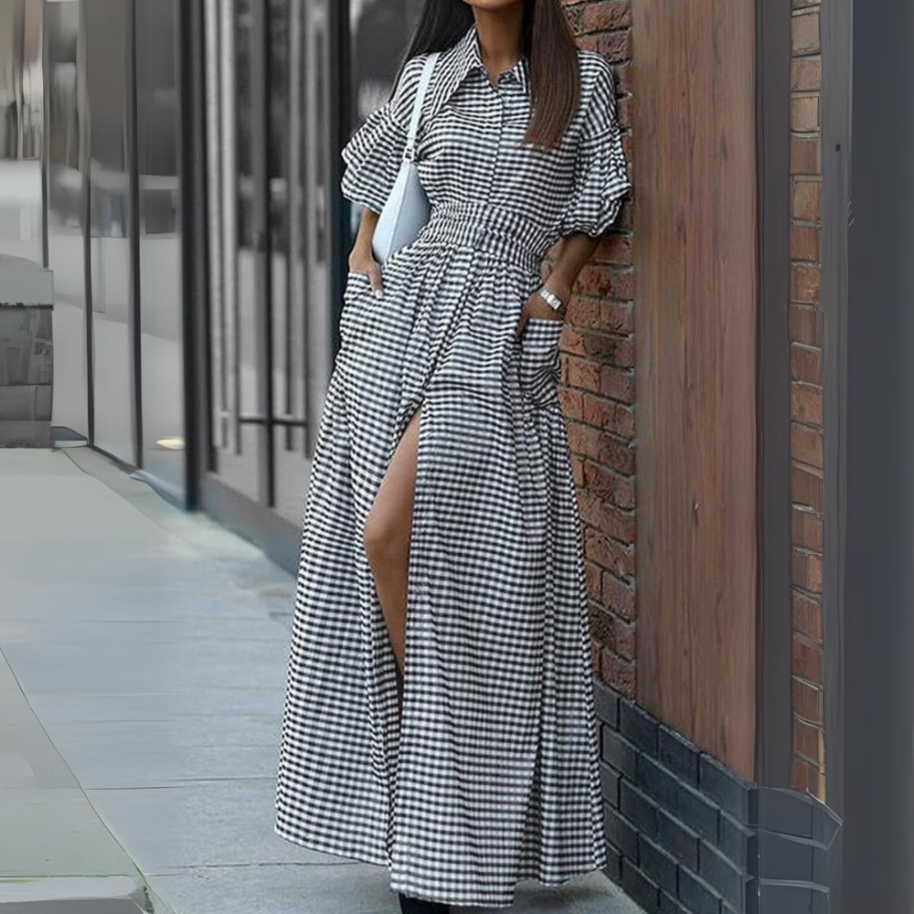 Arlette - Elegante Geruite Overhemdjurk met Frenulum Pocket en Omgeslagen Kraag