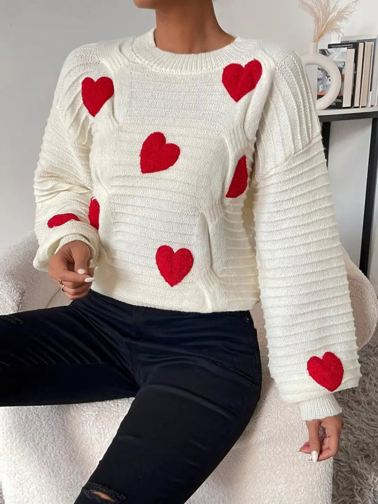 Tessa - Hartjes Gebreide Trui voor Dames | Cozy Sweater | Zachte Trui met Hartjes in Wit