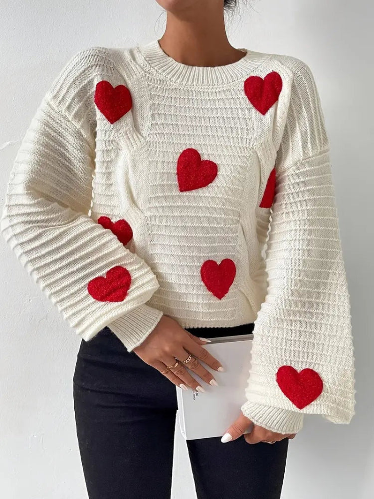Tessa - Hartjes Gebreide Trui voor Dames | Cozy Sweater | Zachte Trui met Hartjes in Wit