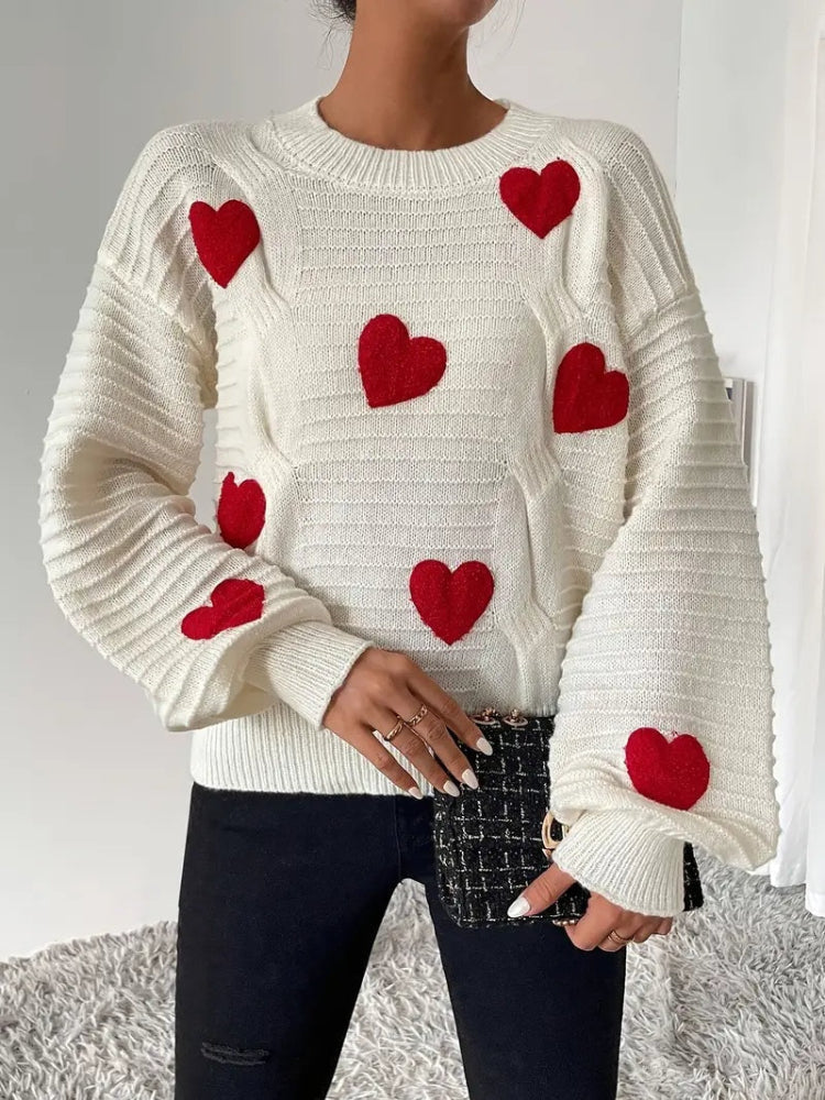 Tessa - Hartjes Gebreide Trui voor Dames | Cozy Sweater | Zachte Trui met Hartjes in Wit