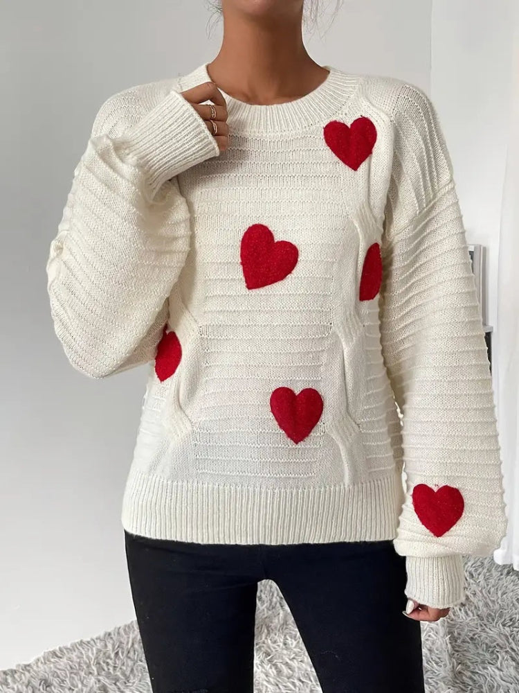Tessa - Hartjes Gebreide Trui voor Dames | Cozy Sweater | Zachte Trui met Hartjes in Wit