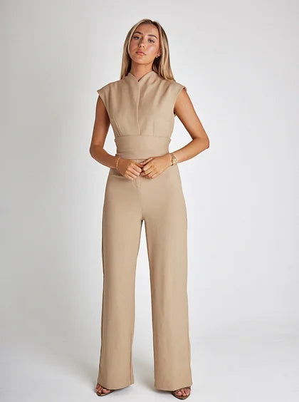 Olivette - Mouwloze jumpsuit met ceintuur en wijde pijpen