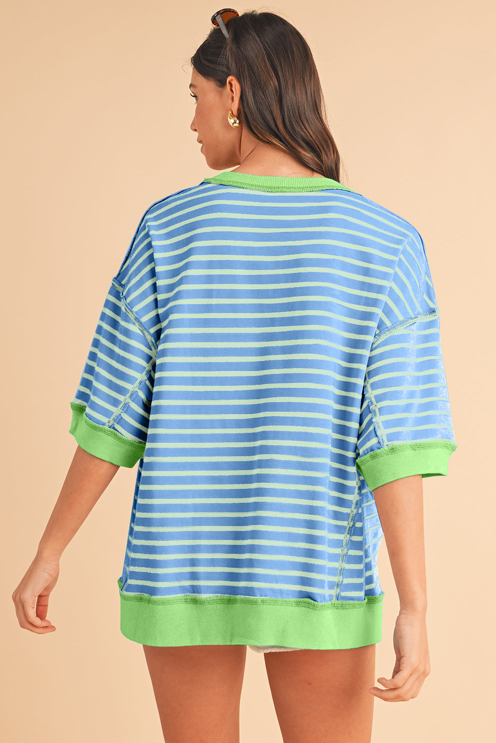 Anna - Horizontaal Gestreept Loose Fit T-shirt met Contrast Trim en Wijde Korte Mouwen