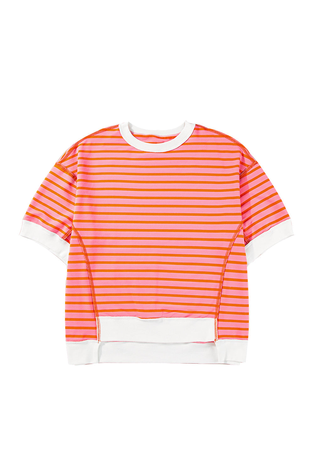 Anna - Horizontaal Gestreept Loose Fit T-shirt met Contrast Trim en Wijde Korte Mouwen