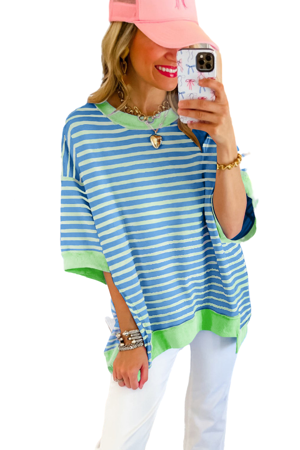 Anna - Horizontaal Gestreept Loose Fit T-shirt met Contrast Trim en Wijde Korte Mouwen