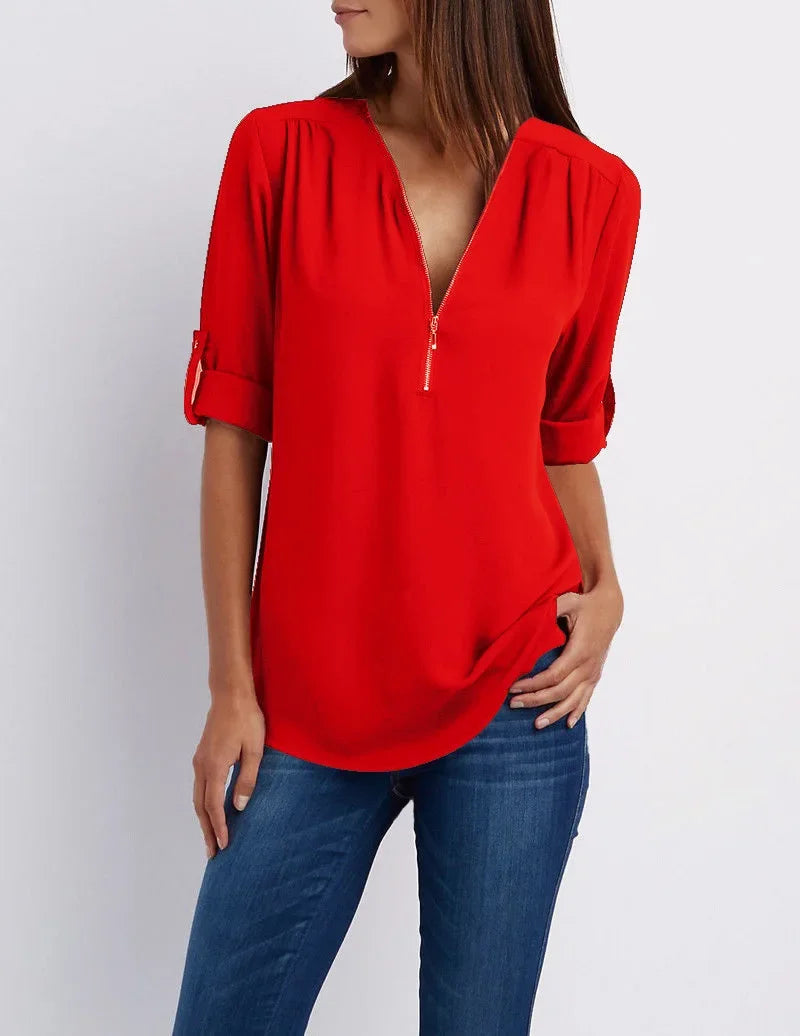 Rowena - Chique V-Hals Blouse met Korte Mouwen