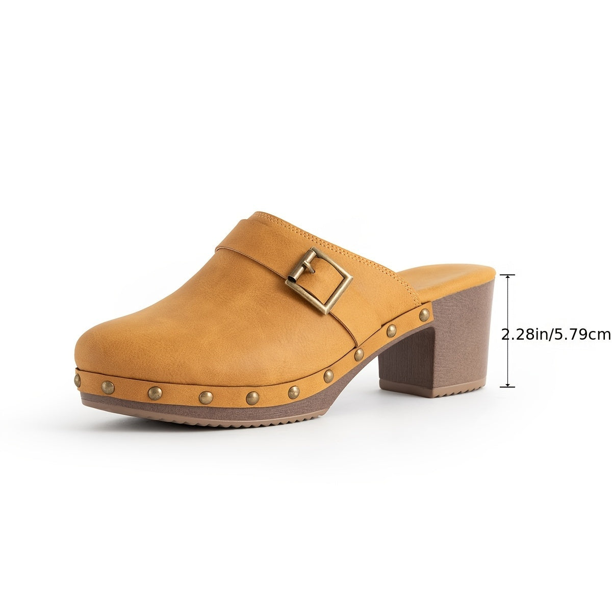 Saskia - Vegan Leren Blokhak Instap Klompen met Studs en Gesp en Anti-Slip Onderkant