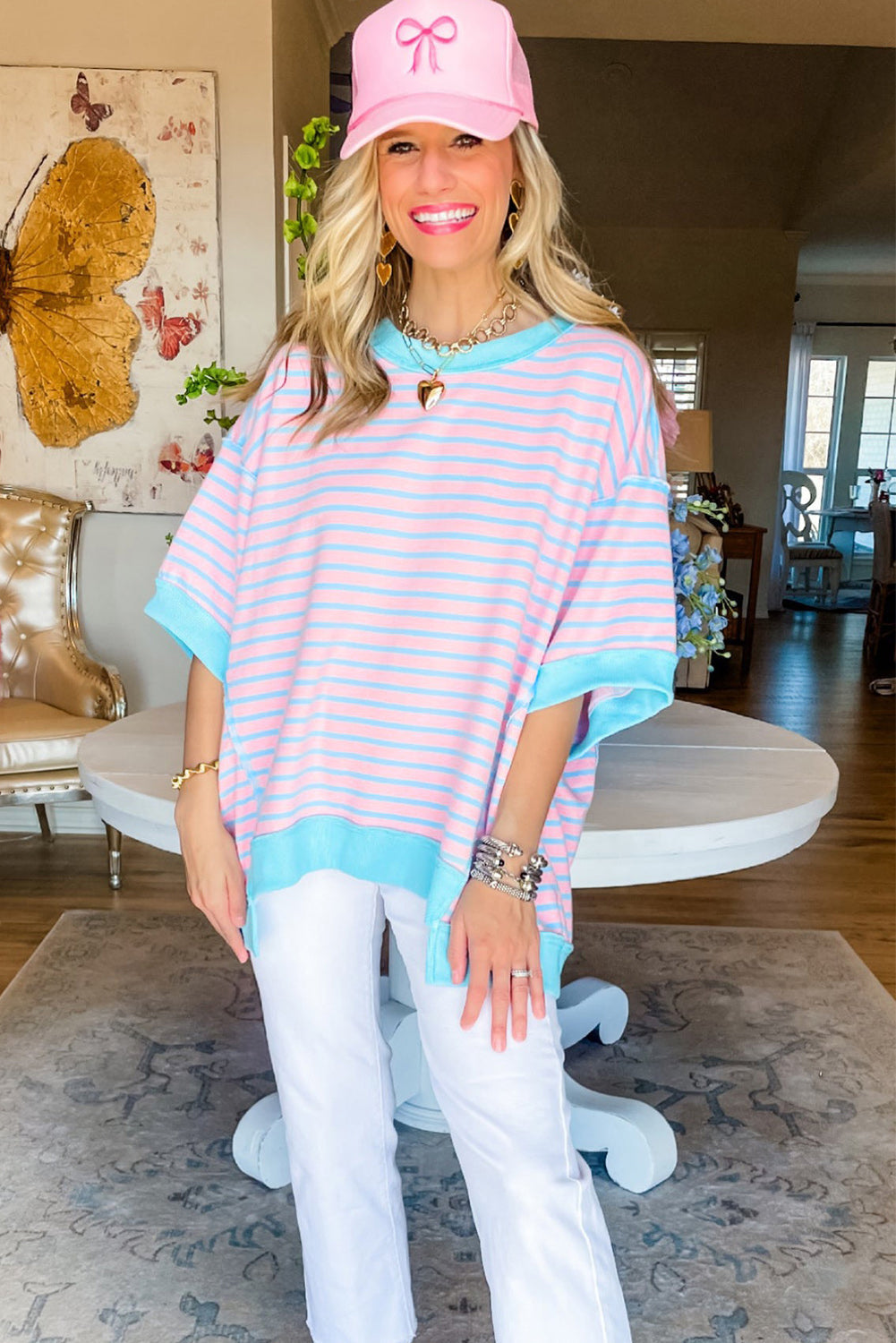 Anna - Horizontaal Gestreept Loose Fit T-shirt met Contrast Trim en Wijde Korte Mouwen