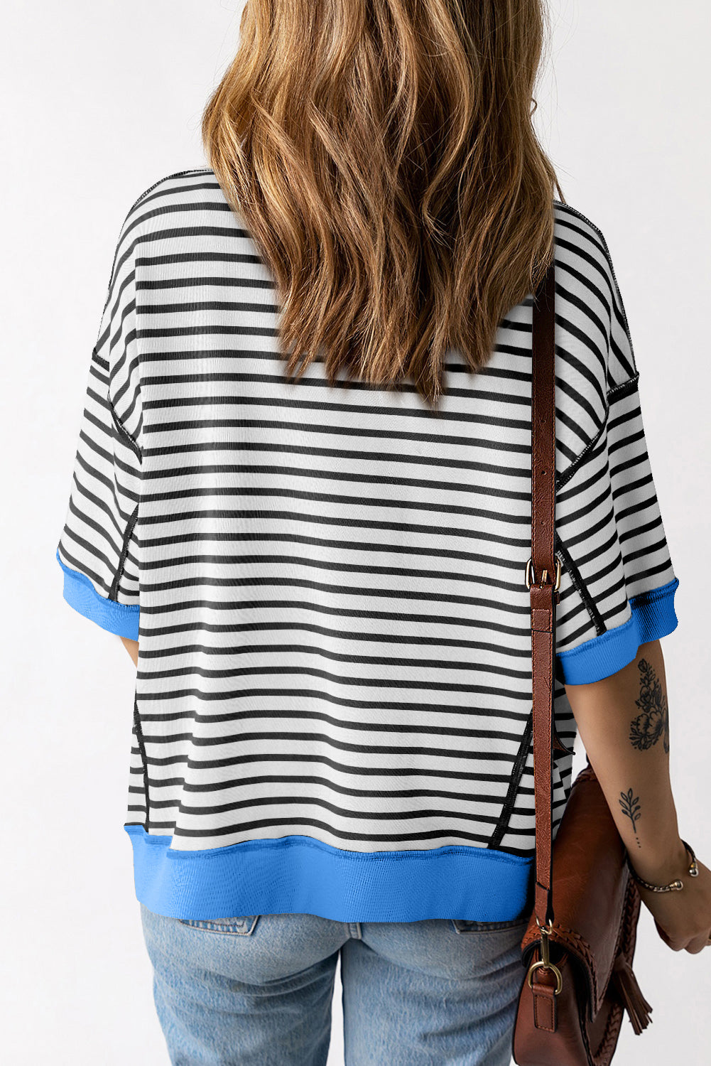 Anna - Horizontaal Gestreept Loose Fit T-shirt met Contrast Trim en Wijde Korte Mouwen