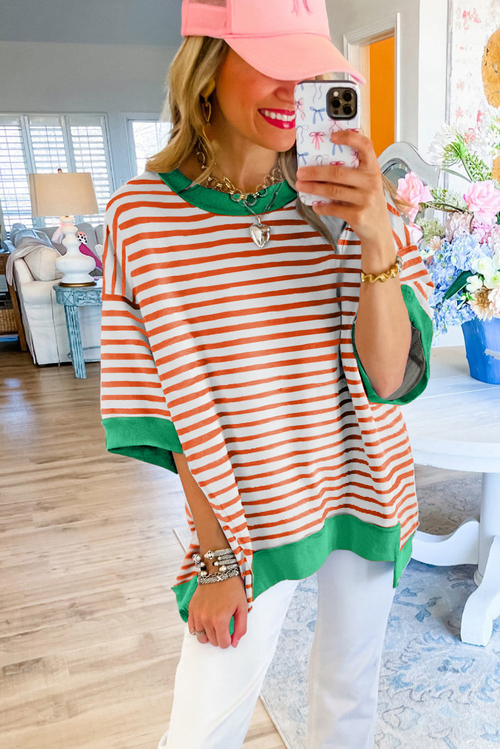 Anna - Horizontaal Gestreept Loose Fit T-shirt met Contrast Trim en Wijde Korte Mouwen