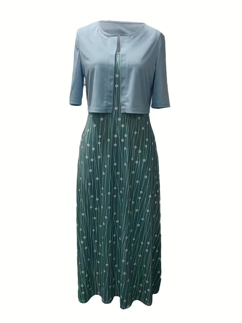 Anna - Elegant Tweedelige Set Effen Kleur Vestje Top en Ronde Halslijn Bloemetjes Jurk