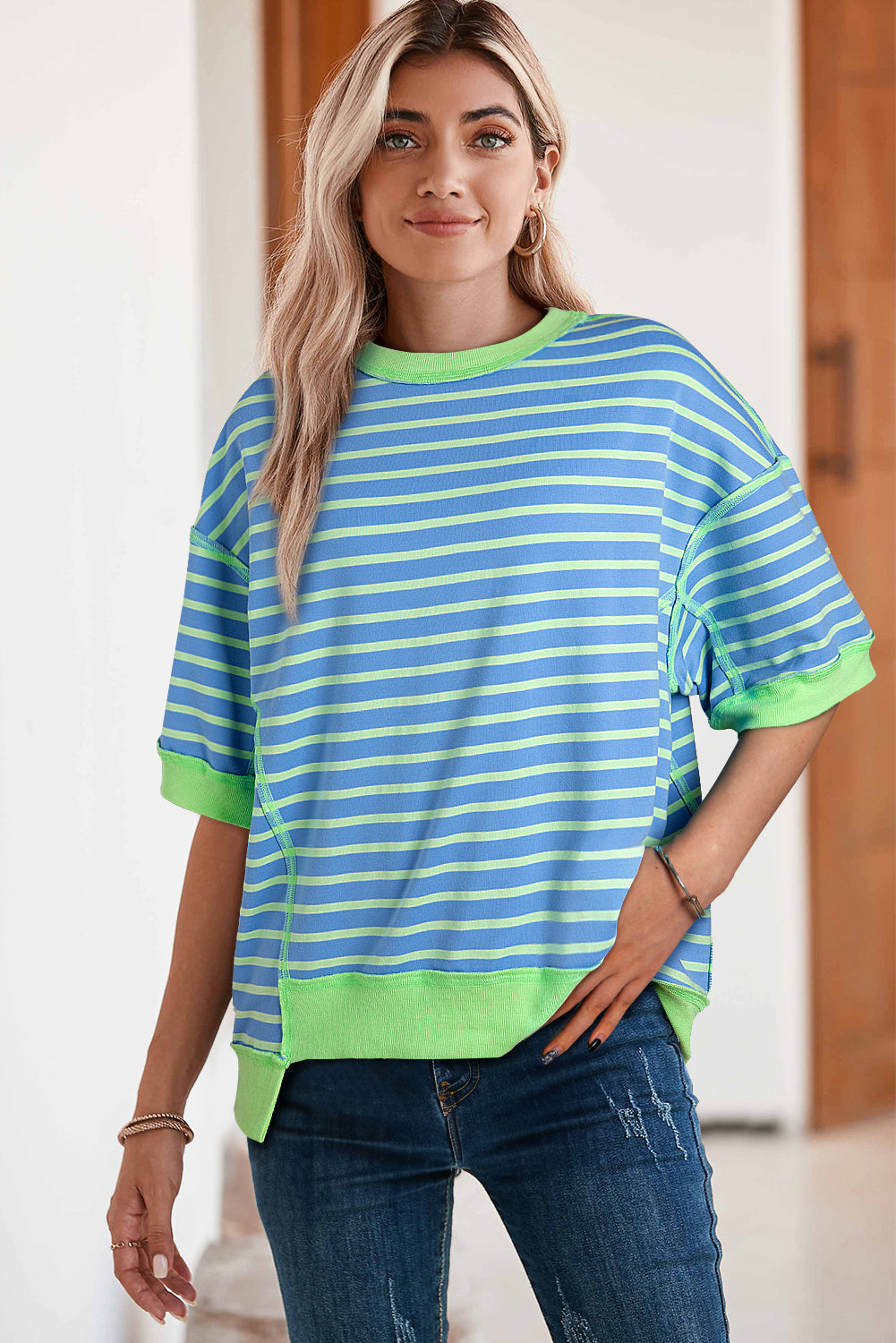 Anna - Horizontaal Gestreept Loose Fit T-shirt met Contrast Trim en Wijde Korte Mouwen