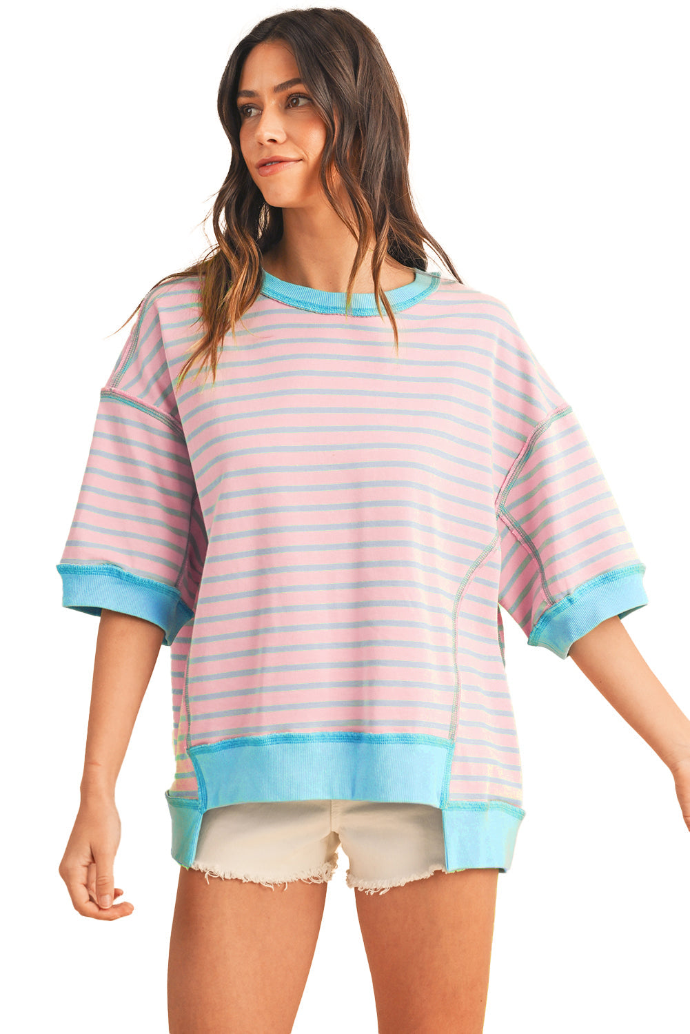 Anna - Horizontaal Gestreept Loose Fit T-shirt met Contrast Trim en Wijde Korte Mouwen