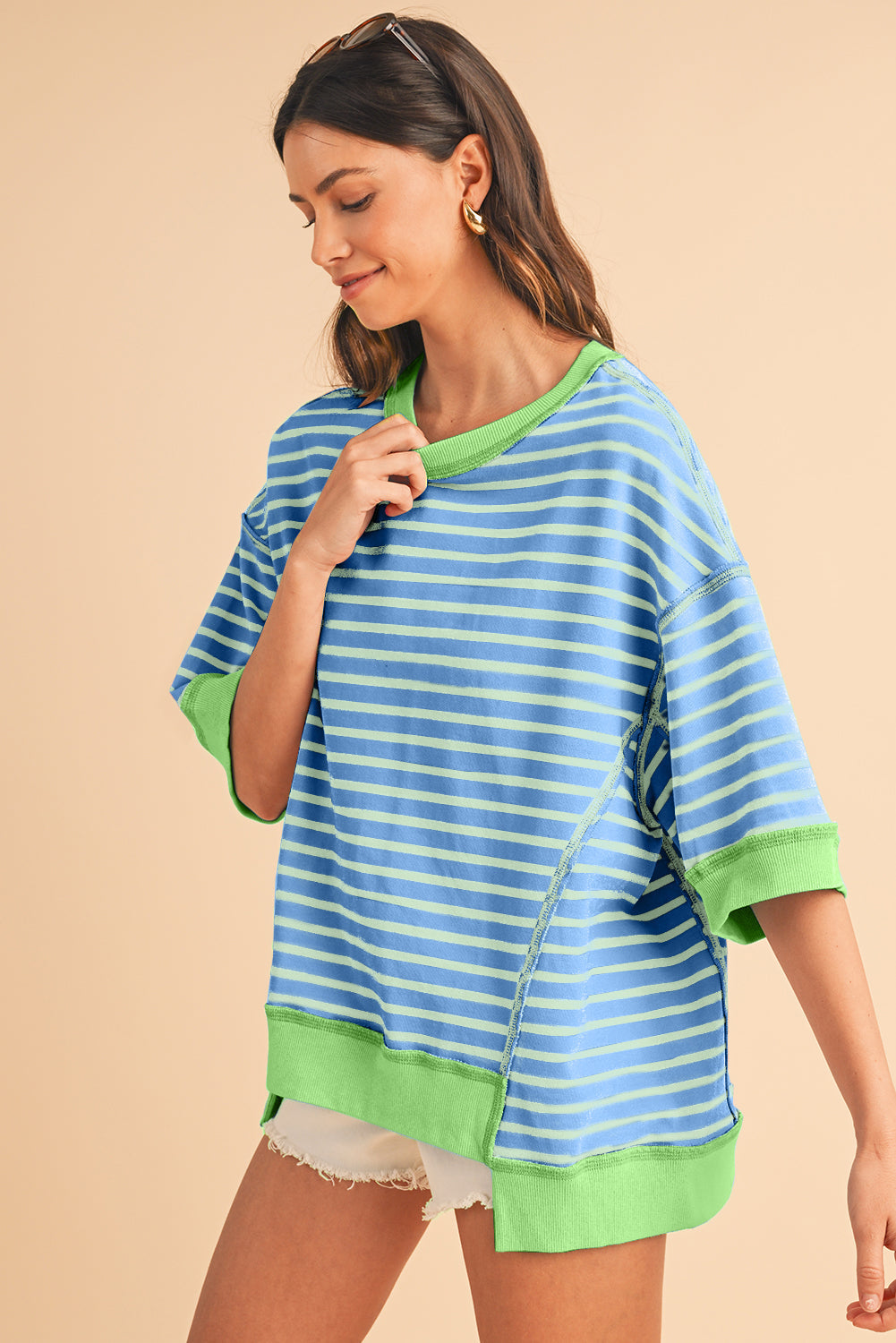 Anna - Horizontaal Gestreept Loose Fit T-shirt met Contrast Trim en Wijde Korte Mouwen