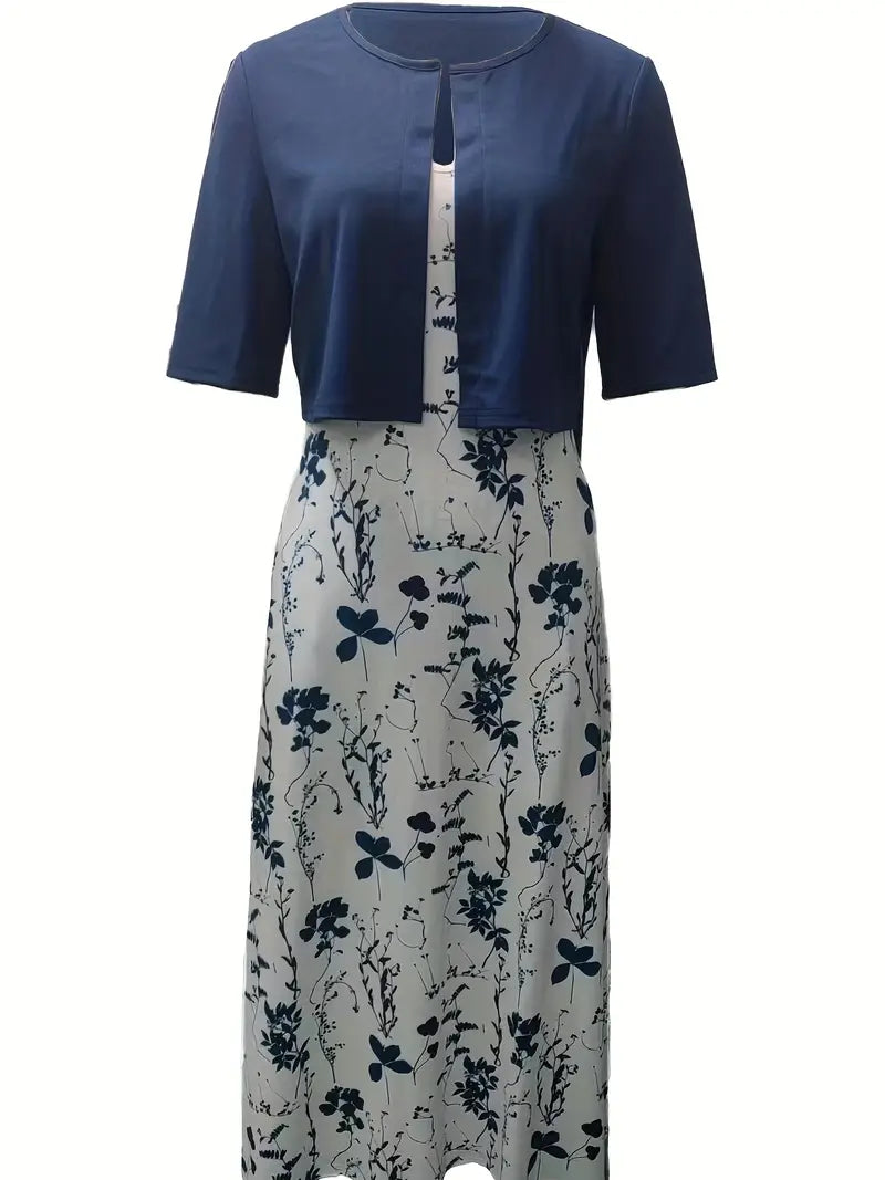 Anna - Elegant Tweedelige Set Effen Kleur Vestje Top en Ronde Halslijn Bloemetjes Jurk