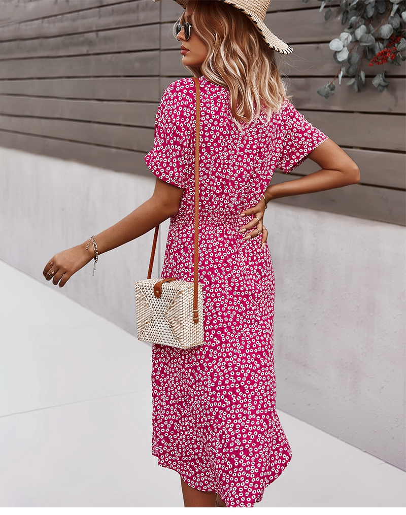 Boho Chic Midi Jurk met Knoopjes Korte Mouwen Tailleband en V-Hals