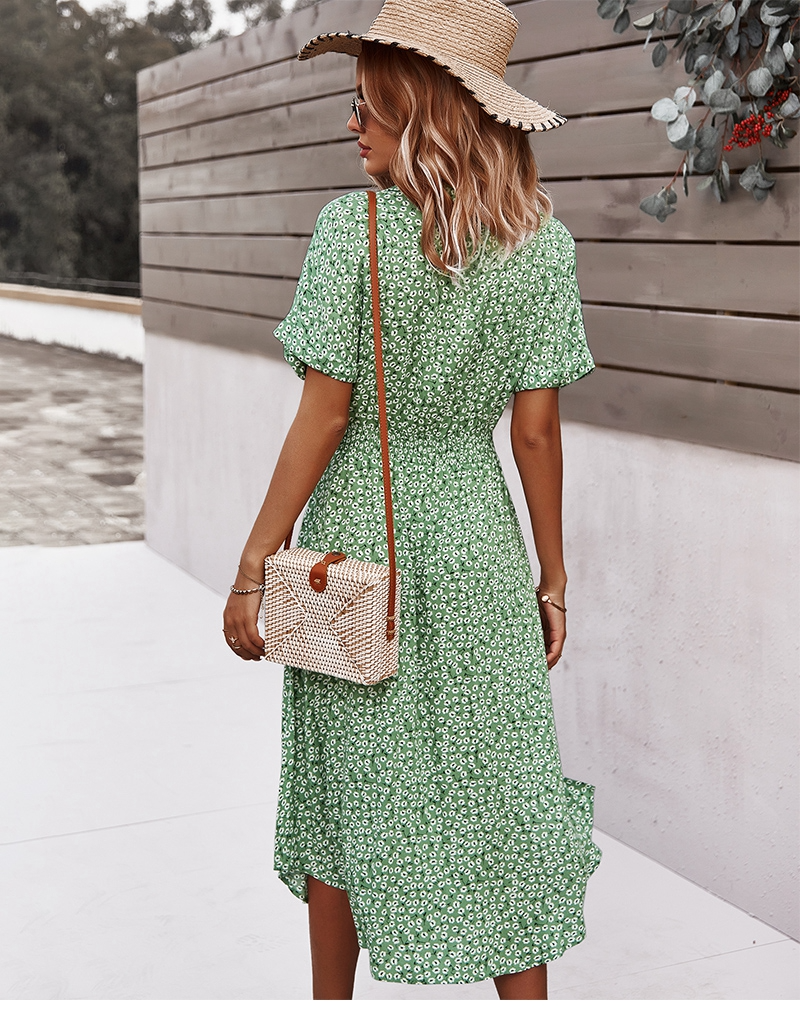 Boho Chic Midi Jurk met Knoopjes Korte Mouwen Tailleband en V-Hals