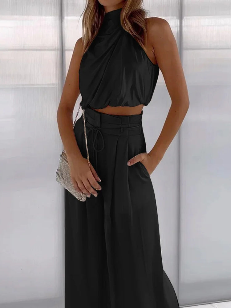 Zoe - Top met Drapering en Halternek met Hoog-Waisted Broek